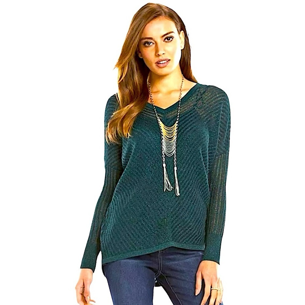 Jennifer Lopez JLO Dark Green Metallic Drop Shoulder V-Neck Sweater XS EUC